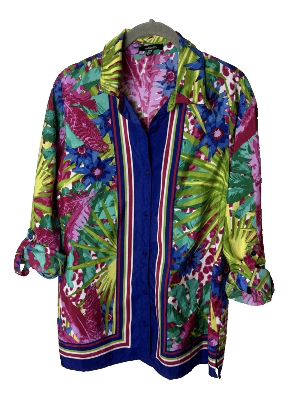 Rafaella Shirt Size Medium Top 3/4 Roll-Tab Sleeves Colorful Tropical Palm Leaf